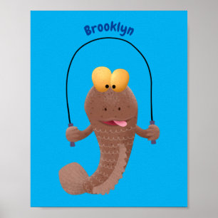 Funny skipping mudskipper fish cartoon poster