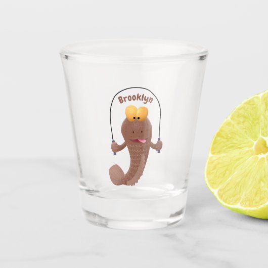 Funny skipping mudskipper fish cartoon shot glas (Voorkant)