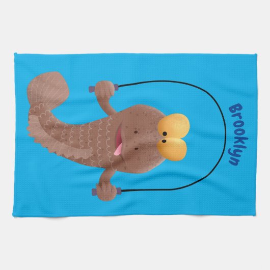 Funny skipping mudskipper fish cartoon theedoek (Horizontaal)