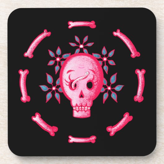 Funny Skull Design - Roze Schedel met Happy Worm Bier Onderzetter (Voorkant)