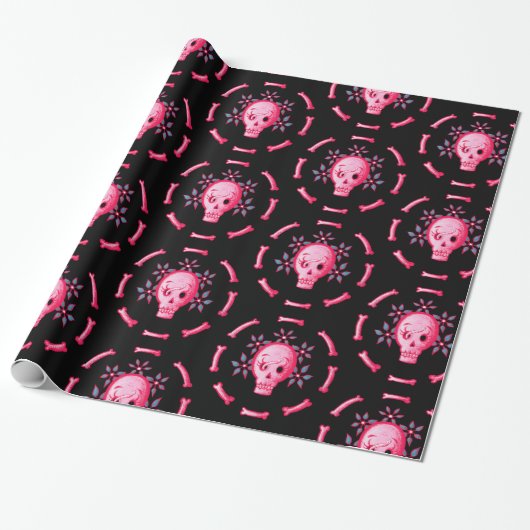 Funny Skull Design - Roze Schedel met Happy Worm Cadeaupapier (Uitgerold)