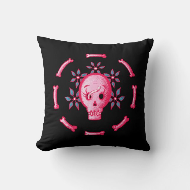 Funny Skull Design - Roze Schedel met Happy Worm Kussen (Voorkant)