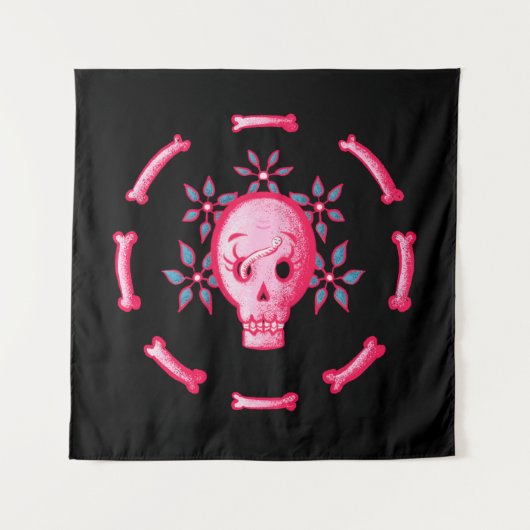 Funny Skull Design - Roze Schedel met Happy Worm Wandkleed (Voorkant)