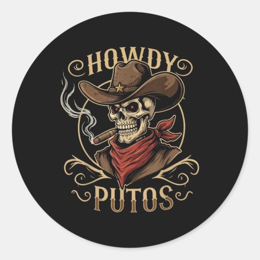 Funny Skull Howdy Putos Spanish Slang, Westerne Ko Ronde Sticker (Voorkant)