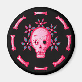 Funny Skull in roze met bloemen en Botten Magneet