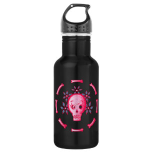 Funny Skull in roze met bloemen en Botten Waterfles