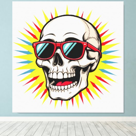 **Funny Skull With Sunglasses – Cartoon Laughing S Canvas Afdruk (Insitu (Houten vloer))