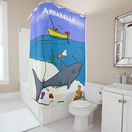 Funny slaapshark and Fishing cartoon Douchegordijn (In situ)