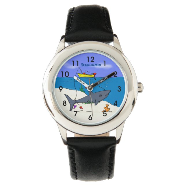 Funny slaapshark and Fishing cartoon Horloge (Voorkant)