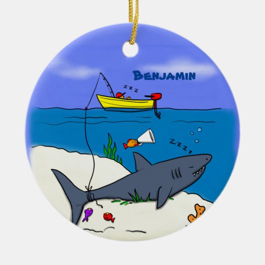 Funny slaapshark and Fishing cartoon Keramisch Ornament (Voorkant)
