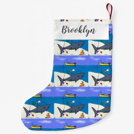 Funny slaapshark and Fishing cartoon Kleine Kerstsok (Achterkant)