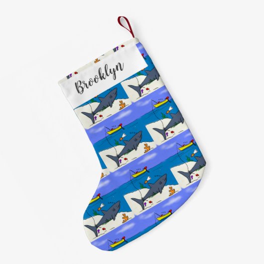 Funny slaapshark and Fishing cartoon Kleine Kerstsok (Achterkant (Hangend))