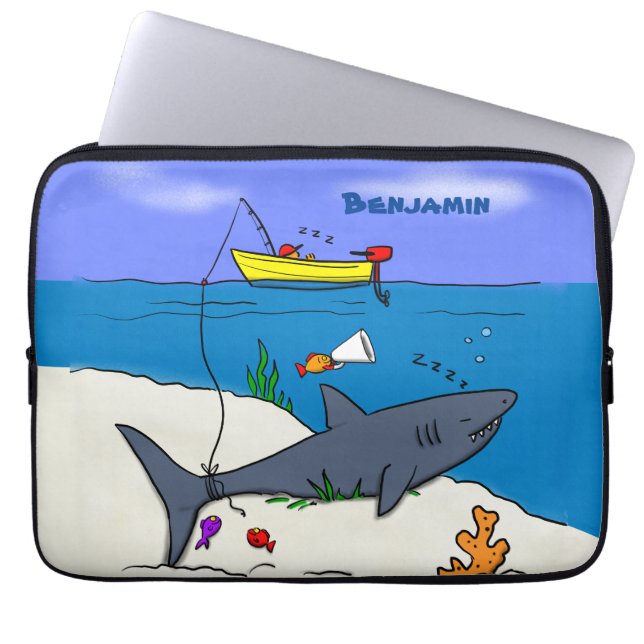 Funny slaapshark and Fishing cartoon Laptop Sleeve (Voorkant)