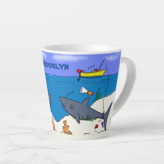 Funny slaapshark and Fishing cartoon Latte Mok (Rechterhoek)