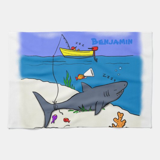 Funny slaapshark and Fishing cartoon Theedoek (Horizontaal)