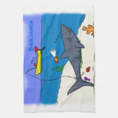 Funny slaapshark and Fishing cartoon Theedoek (Verticaal)