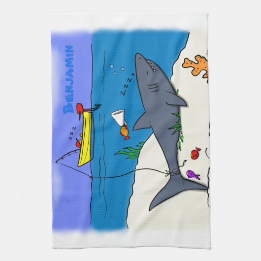 Funny slaapshark and Fishing cartoon Theedoek (Verticaal)
