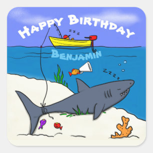 Funny slaapshark and Fishing cartoon Vierkante Sticker