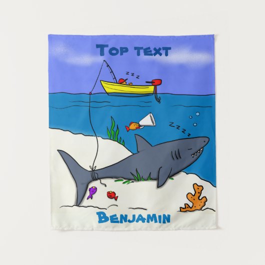 Funny slaapshark and Fishing cartoon Wandkleed (Voorkant)