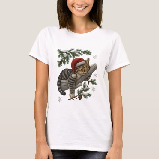 Funny Sleeping Christmas Cat with Santa Hat T-shirt (Voorkant)