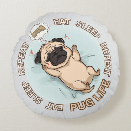 Funny Sleeping Pug Round Pillow | Eat Sleep Repeat Rond Kussen