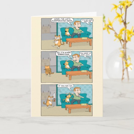 Funny Sleepwalk Cat Birthday Kaart (Gele Bloem)