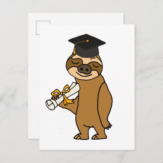 Funny Sloth Afstuderen Cartoon Aankondigingskaart (Voorkant / Achterkant)