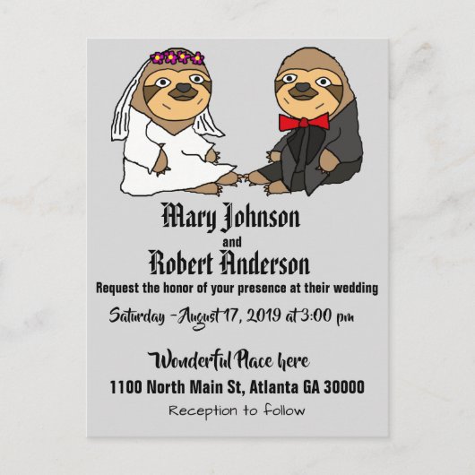 Funny Sloth Bride en Groom Wedding Invitation Uitnodiging Briefkaart (Voorkant)