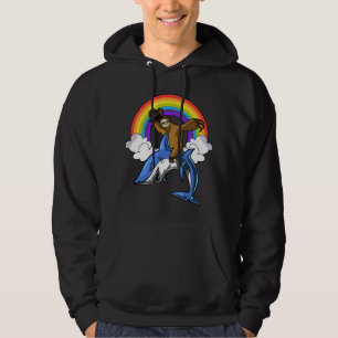 Funny Sloth Cowboy Riding Ocean Shark Rainbow Hoodie