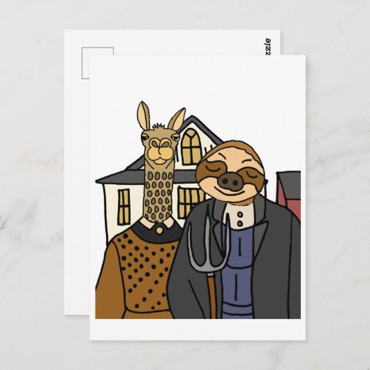 Funny Sloth en Llama American Gothic Artwork Briefkaart (Voorkant / Achterkant)