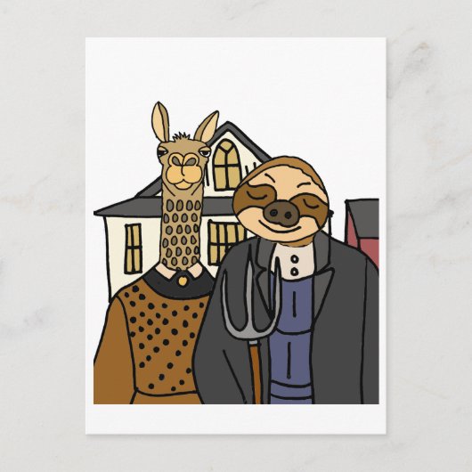 Funny Sloth en Llama American Gothic Artwork Briefkaart (Voorkant)