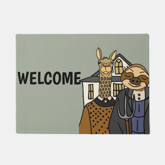 Funny Sloth en Llama American Gothic Artwork Deurmat (Voorkant)