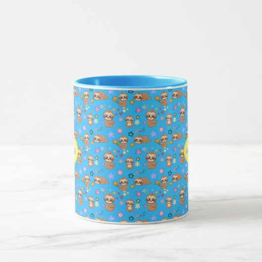 Funny Sloth Hearts Floral Blue Pattern | Naam toev Mok (Midden)