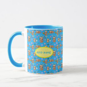 Funny Sloth Hearts Floral Blue Pattern Naam toev Mok