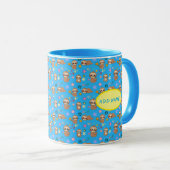 Funny Sloth Hearts Floral Blue Pattern | Naam toev Mok (Voorkant rechts)
