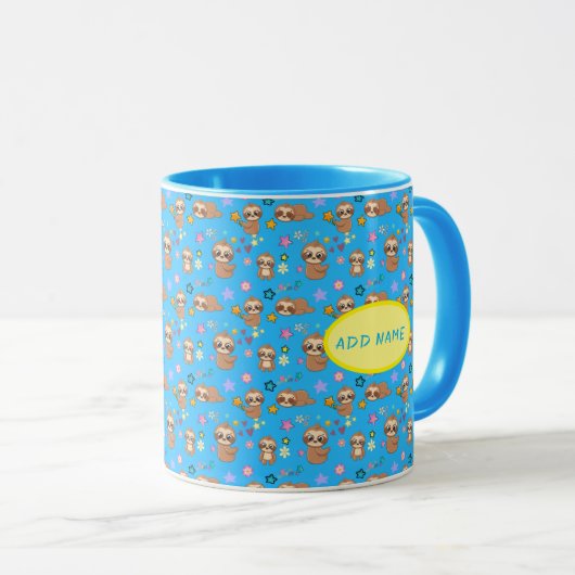 Funny Sloth Hearts Floral Blue Pattern | Naam toev Mok (Voorkant rechts)