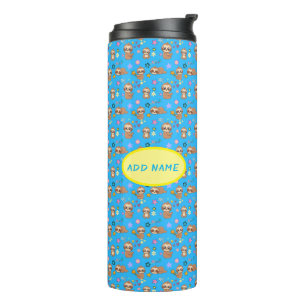 Funny Sloth Hearts Floral Blue Pattern Naam toev Thermosbeker