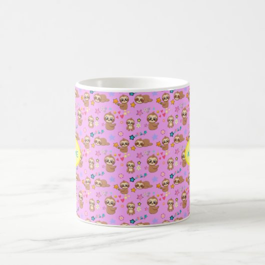 Funny Sloth Hearts Floral Pink Pattern | Naam toev Koffiemok (Center)