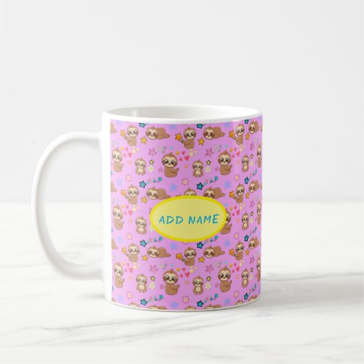Funny Sloth Hearts Floral Pink Pattern | Naam toev Koffiemok (Links)