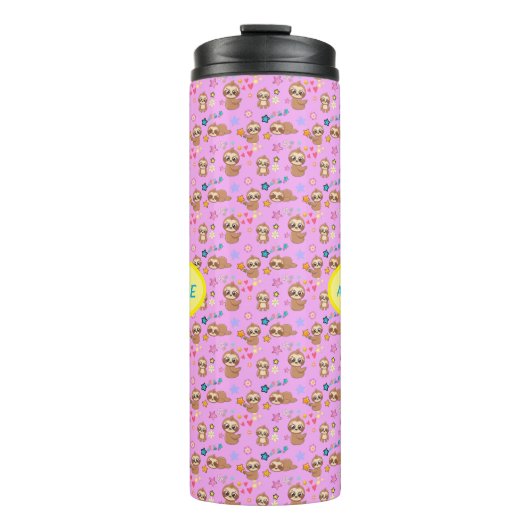 Funny Sloth Hearts Floral Pink Pattern | Naam toev Thermosbeker (Voorkant)