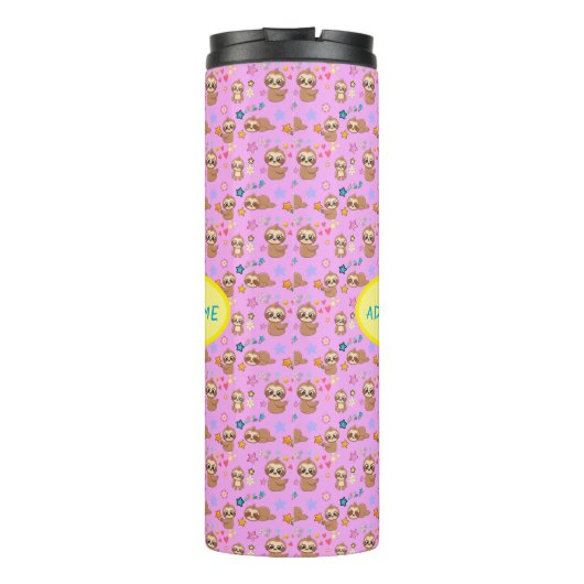 Funny Sloth Hearts Floral Pink Pattern | Naam toev Thermosbeker (Achterkant)