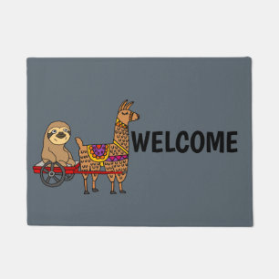 Funny Sloth in Red Wagon Pulled by Llama Deurmat