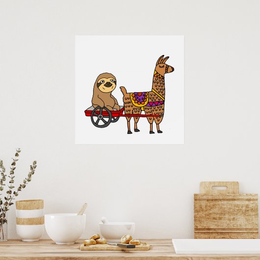 Funny Sloth in Red Wagon Pulled by Llama Poster (Keuken)