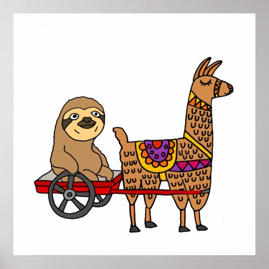 Funny Sloth in Red Wagon Pulled by Llama Poster (Voorkant)