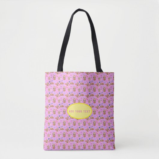 Funny Sloth Pink Floral Pattern | Jouw tekst toevo Tote Bag (Voorkant)