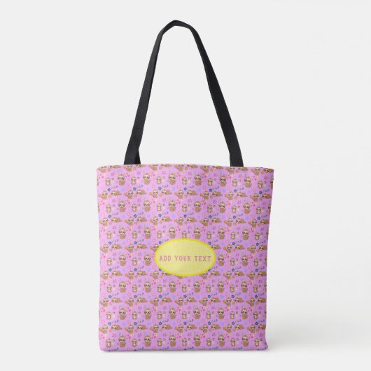 Funny Sloth Pink Floral Pattern | Jouw tekst toevo Tote Bag (Achterkant)