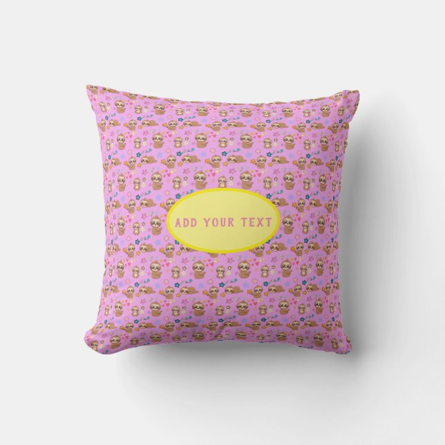 Funny Sloth Pink Pattern Hearts | Jouw tekst toevo Kussen (Voorkant)