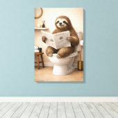 Funny Sloth Reading Newspaper Bathroom Humor Canvas Afdruk (Insitu (Houten vloer))