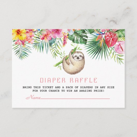 Funny Sloth Tropical Flowers Lijst Diaper Raffle Informatiekaartje (Voorkant)
