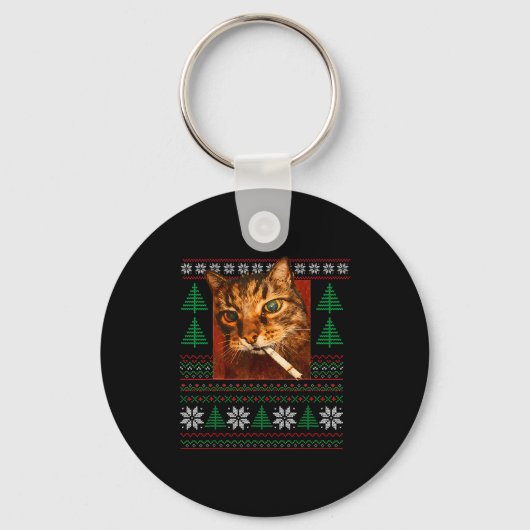 Funny Smoking Cat Meme Christmas Ugly  Sleutelhanger (Voorkant)